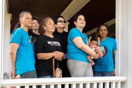 Left to right: Shinnecock kelp farmers Donna Collins-Smith, Waban Tarrant, Rebecca Genia, Darlene Troge, Tele Troge, Benjamin Robin Ballard, and Danielle Hopson-Begun look out Shinnecock Bay during their first sugar kelp harvest.