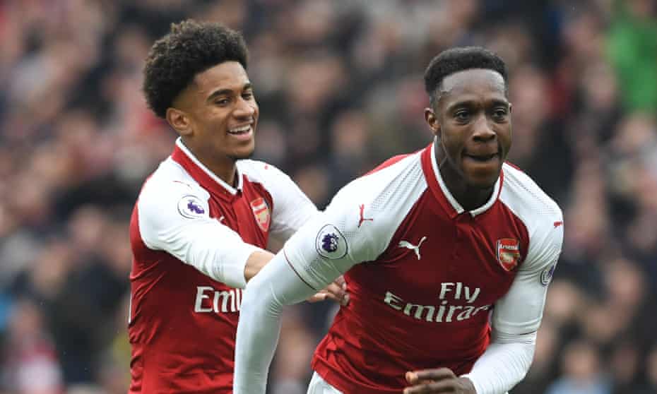 Reiss Nelson congratulates Danny Welbeck on scoring Arsenal’s second goal against Southampton