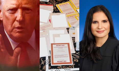 a side-by-side image of Donald Trump, classified documents and Aileen Cannon