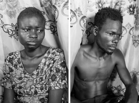 a composite image shows a woman and a man sitting for a photograph