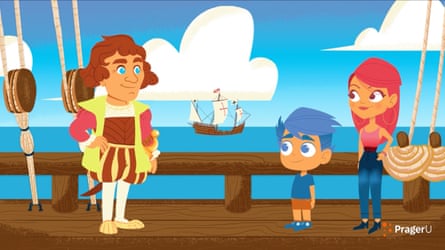 An animated kids video depicting two young people talking to Christopher Columbus on a boat