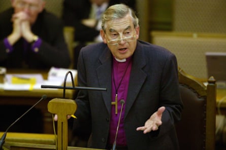 Harries speaking on sexuality at a Church of England synod. He supported openly gay clerics such as Jeffrey John.