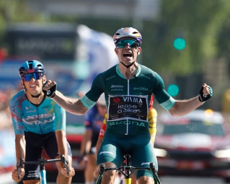 Wout van Aert pinches the air in delight after winning the 15th stage of La Vuelta from Palma del Rio to Cordoba