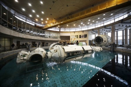 Part of a space ship in a pool of water at the Yuri Gagarin Cosmonaut Training Center, Star City, Moscow Oblast, Russia.
