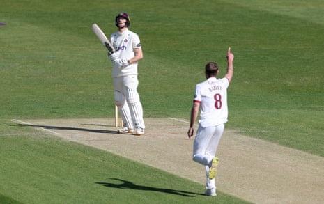 Calvin Harrison of Northamptonshire is bowled out by Tom Bailey.