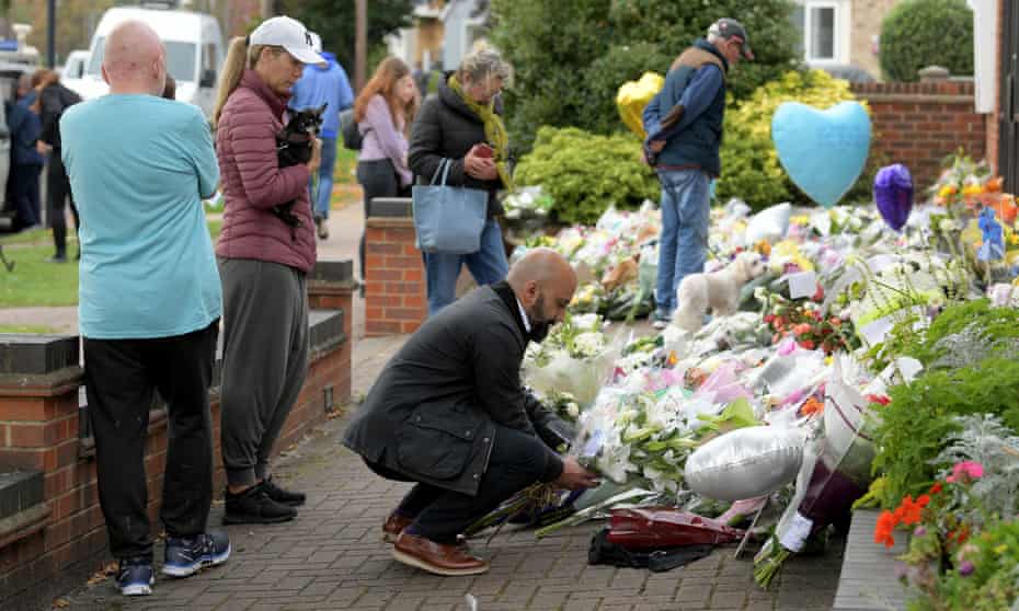 Tributes to David Amess outside Belfairs Methodist church in Leigh-on-Sea, Essex, 18 October.