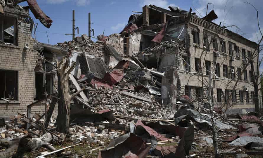 Destroyed houses are seen after Russian shelling in Soledar, Donetsk region, Ukraine, Tuesday, May 24, 2022.