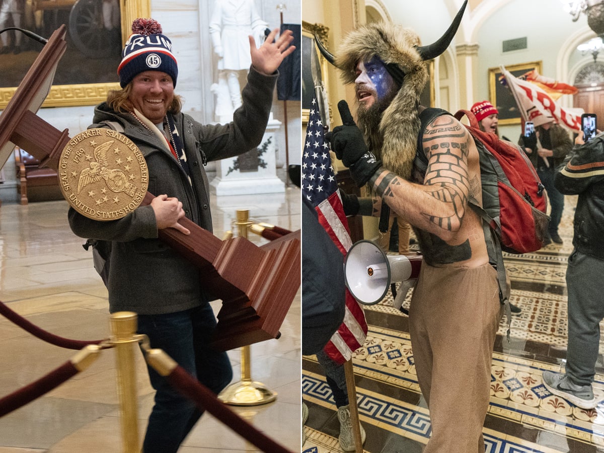 Police arrest man who carried Pelosi lectern and horned Capitol intruder | US Capitol attack | The Guardian