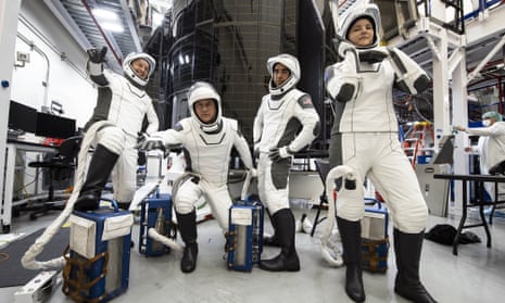Astronauts (from left) Matthias Maurer, Raja Chari, Thomas Marshburn and Kayla Barron during training for their SpaceX flight to the International Space Station