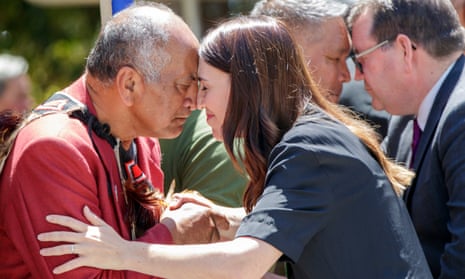 New Zealand prime minister Jacinda Ardern (R) exchanges a hongi (Maori greeting) with a guest in Waitangi.