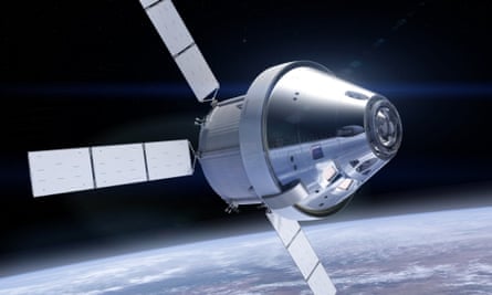 A rendering of Nasa’s Orion space capsule in orbit.