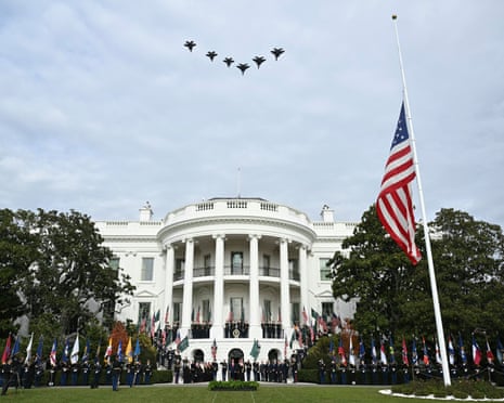 A flyover of military aircraft on the South Lawn.