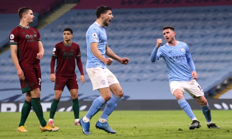 Manchester City’s Aymeric Laporte celebrates scoring their second goal later disallowed after a VAR review.