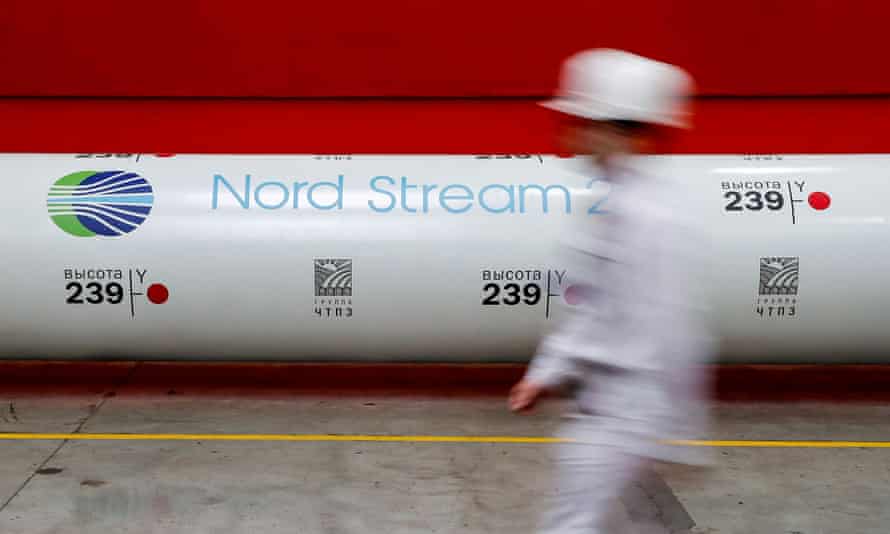 The logo of the Nord Stream 2 gas pipeline project on a pipe at a rolling plant in Chelyabinsk, Russia