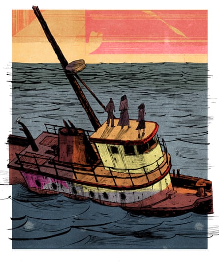 An illustration of a tugboat sinking with three people standing on top of it.