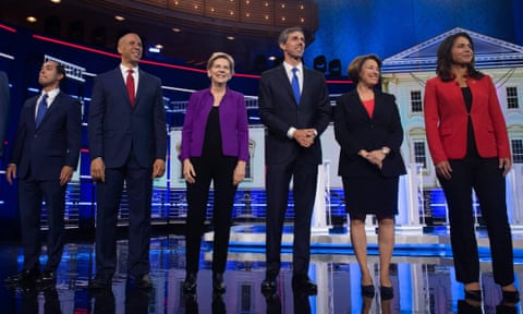Democratic presidential hopefuls Julian Castro, Cory Booker, Elizabeth Warren, Beto O’Rourke, Amy Klobuchar and Tulsi Gabbard before the first primary debate in Miami, Florida