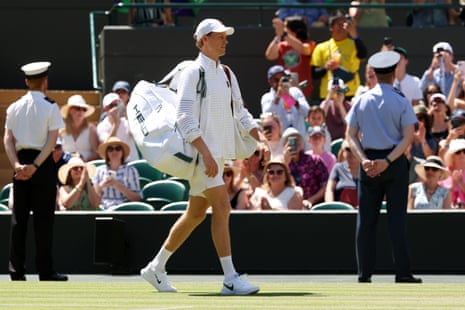Day Nine: The Championships - Wimbledon 2026LONDON, ENGLAND - JULY 07: Jannik Sinner of Italy walks out for the Gentlemen's Singles quarterfinal match against Jan-Lennard Struff of Germany on day nine of The Championships Wimbledon 2026 at All England Lawn Tennis and Croquet Club on July 07, 2026 in London, England. (Photo by Matthew Stockman/Getty Images)