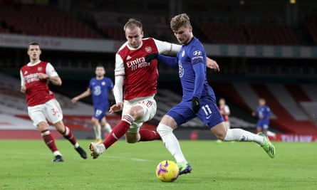 Rob Holding tries to block Timo Werner during the Arsenal win over Chelsea on Boxing Day that proved a turning point for the team.