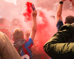 London, UK ‘Crystal Palace fans marching through Leicester Square on Saturday 26 April, just hours before beating Aston Villa 3-0 in the FA Cup semi-final’