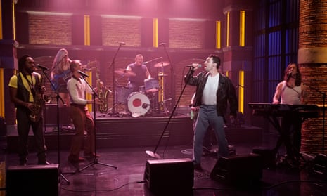 Jack Antonoff, second right, fronts Bleachers on Late Night with Seth Meyers July 2021.