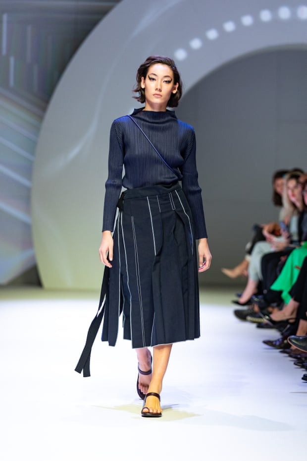 Issie Miyake, a model from Melbourne boutique Shifting Worlds, wears during Melbourne Fashion Week in 2019.  (Photo by Mackenzie Sweetnam/WireImage)
