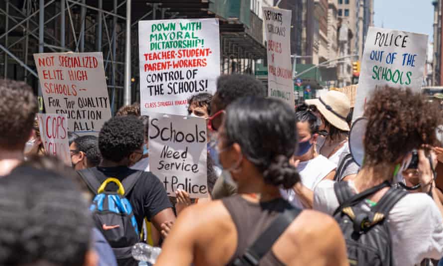 Protesters gather in front of Manhattan City Hall.