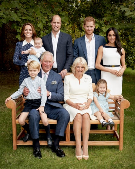 Prince Charles in the gardens of Clarence House, with the Duchess of Cornwall, the Duke and Duchess of Cambridge, Prince George, Princess Charlotte, Prince Louis, and the Duke and Duchess of Sussex.