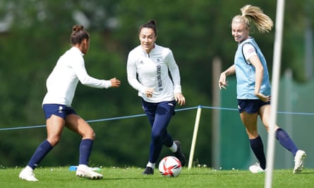 Bronze (centre) trains with Nikita Parris (left) and Leah Williamson before departing for Tokyo. Of Team GB’s 22-strong squad in Tokyo, 19 are from England.