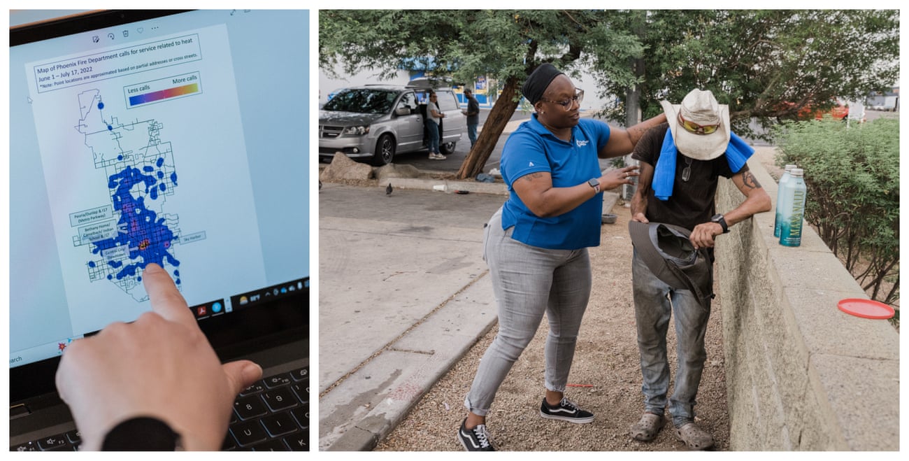 Left: A visualization of data showing the overlap of calls to the Phoenix fire department for heat emergencies and the concentration of people camped out near the Human Services Campus. Right: Stanford puts a cooling towel on Dale, who is currently sleeping under a bridge with his dog Rascal.