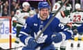 Toronto Maple Leafs forward Auston Matthews celebrates after scoring his third goal of the game against the Minnesota Wild in the third period at Scotiabank Arena on Saturday night.