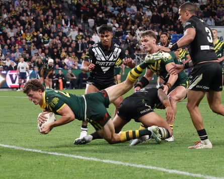 Australia v New Zealand - 2026 Men’s Rugby League World CupJack Bostock of Australia scores a try during the 2026 Men’s Rugby League World Cup match between Australia Kangaroos and New Zealand Kiwis at Allianz Stadium on October 15, 2026 in Sydney, Australia.