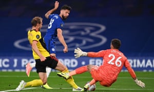 Watford keeper Ben Foster saves from Olivier Giroud of Chelsea.