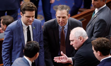 How McCarthy Speaker Deals Will Cause 'Cannibalistic Fights Between Extremists' | Kevin McCarthy 1 Matt Gaetz, left, and Scott Perry, right, chairman of the House Freedom Caucus, and other members listen to Steve Scalise, the Republican leader of the House, during the second day of the speaker's vote, Jan. 4.
