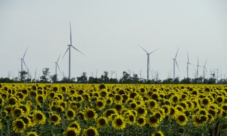A view of a sunflower field and wind turbines in Melitopol, Ukraine.