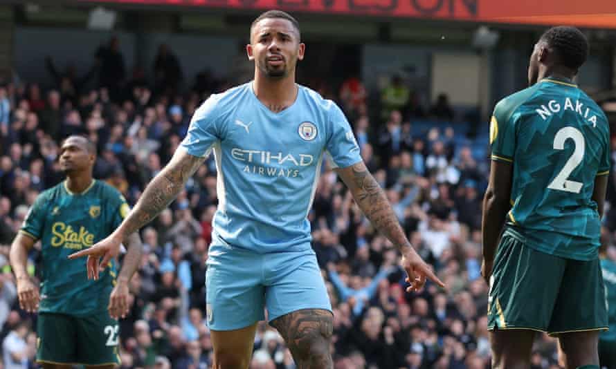 Gabriel Jesus celebrates after scoring, and Manchester City's, second goal.