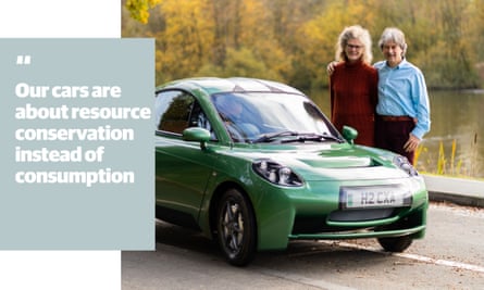Fiona and Hugo Spowers standing by the Rasa, with quote: “Our cars are about resource conservation instead of consumption”