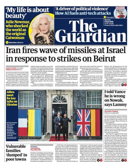 The Guardian’s front page 8 June 2026
