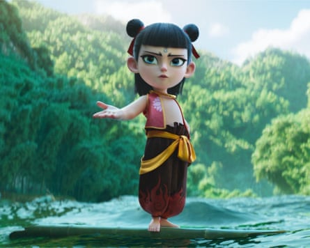 Film still from NE ZHA 2 of character on a raft in a river