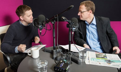 The Guardian’s Owen Jones and Jonathan Freedland record a politics podcast.