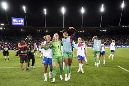 England’s Lauren James, Hannah Hampton and Khiara Keating celebrate after winning 3-2 on penalties to reach the semi-finals.
