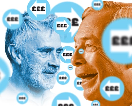 Photos of Farage and Harbone surrounded by Reform emblems and pound signs