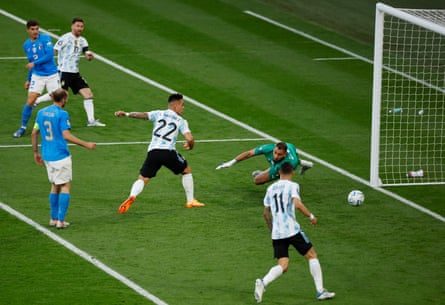 Lautaro Martínez turns the ball home from Lionel Messi’s pass to put Argentina in front.