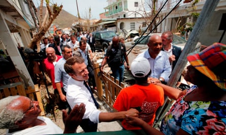 Emmanuel Macron greets residents of Saint Martin after its devastation by Hurricane Irma.