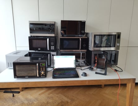 The microwaves lined up at Caramel Quin’s testing station