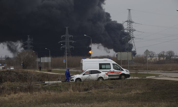 Smoke rises after an apparent attack by Ukraine on a fuel depot in Belgorod, Russia, on 1 April.
