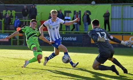 Matty Stevens of Forest Green Rovers scores his second goal during the League 2 match against Colchester.