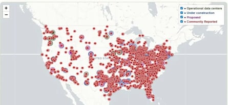 A white map of the US covered in red dots with the sea as a grey background