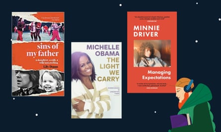 Three book jackets - Sins of my Father by Lily Dunn, The Light We Carry by Michelle Obama and Managing Expectations by Minnie Driver - and an illustration of a bearded man with headphones on carrying a book.