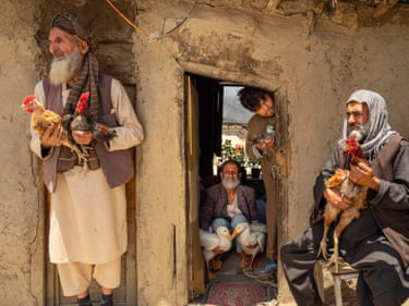 A group of four men arranged around a doorway, each holding a different bird