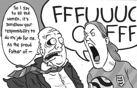 David Squires cartoon panel of Mary Earps shouting into the face of Gianni Infantino